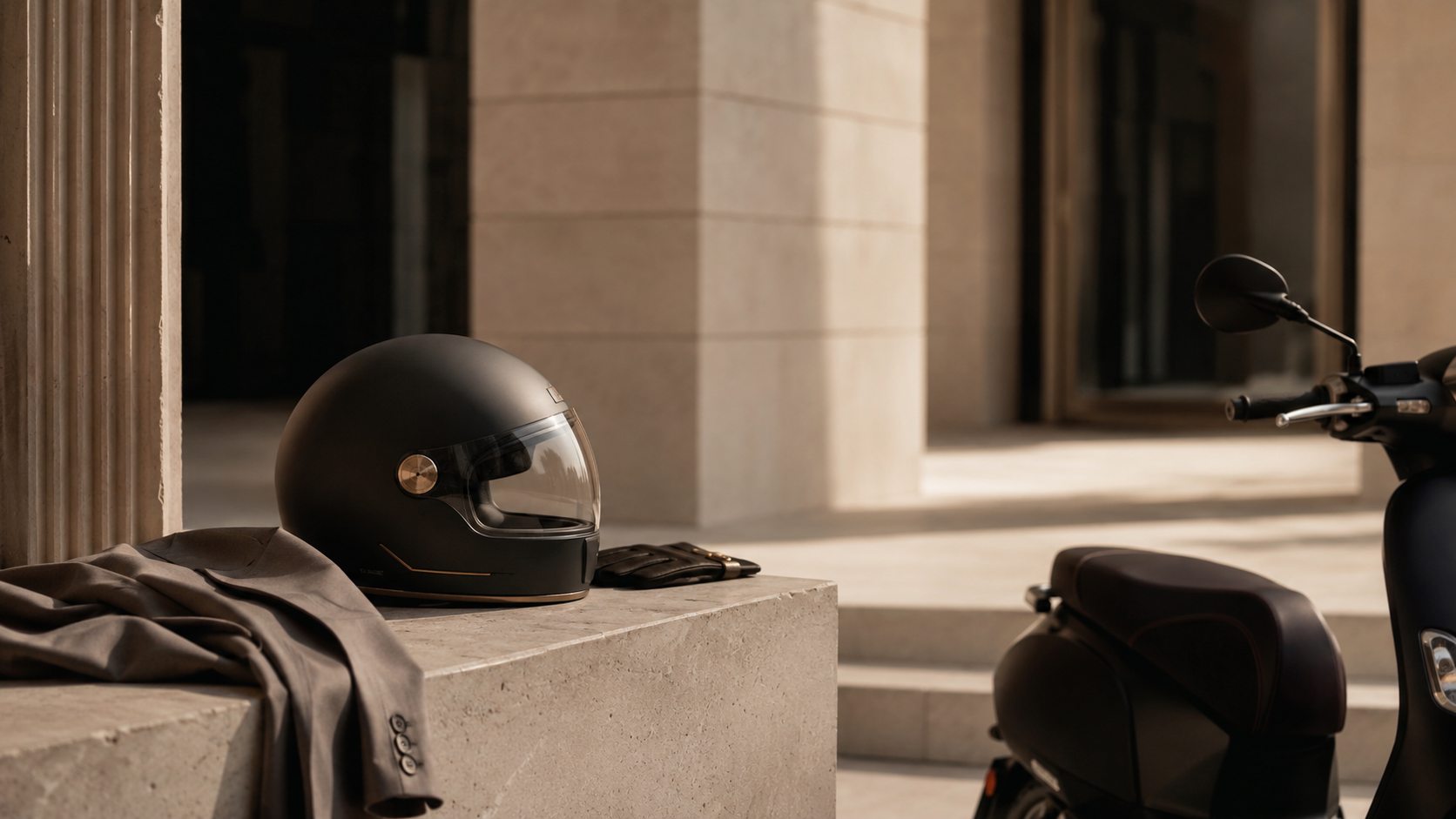 Motorhelm en scooter klaar voor vertrek